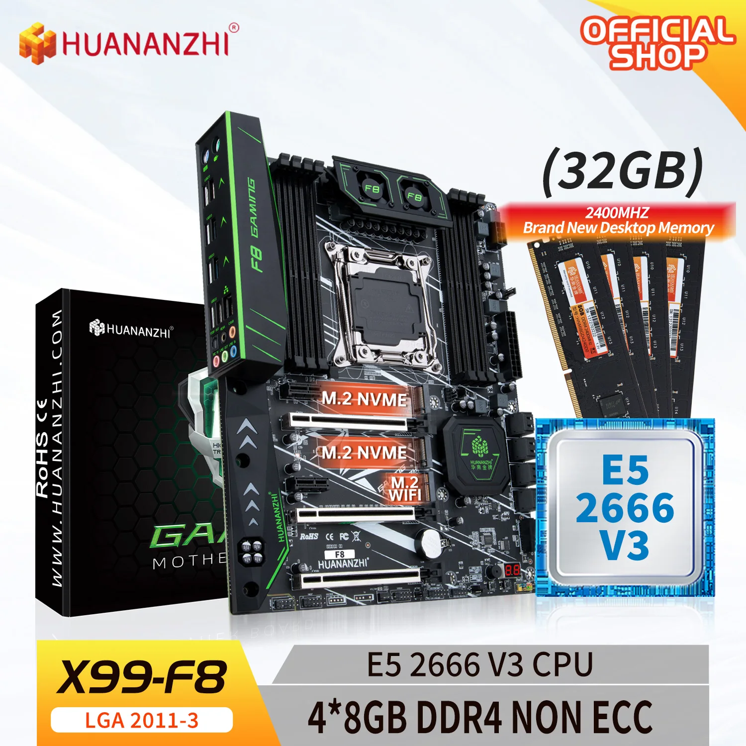 

HUANANZHI X99 F8 LGA 2011-3 XEON X99 Motherboard with Intel E5 2666 v3 with 4*8G DDR4 NON-ECC memory combo kit set NVME SATA