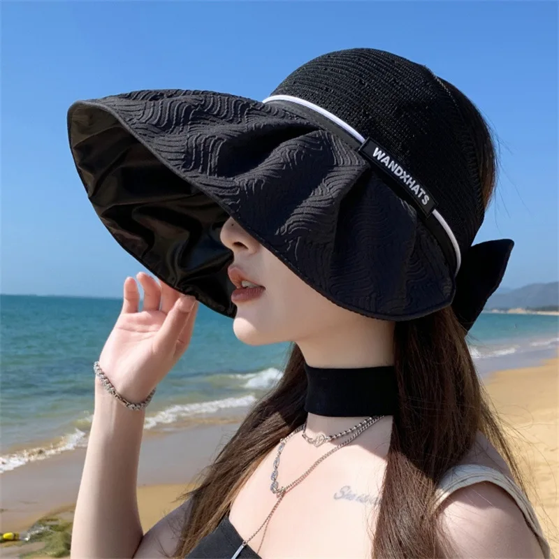 

Летняя женская шляпа с бантом и широкими полями, шляпа от солнца с защитой от УФ-лучей, съемная Складная уличная шляпа с широкими полями
