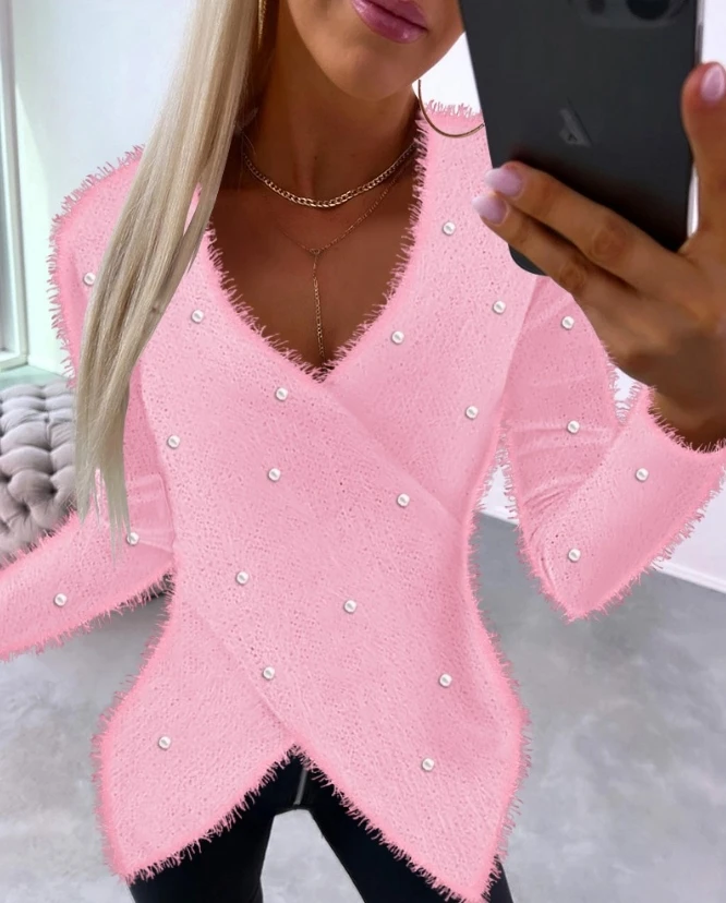 

Blouses for Women Fashion 2023 Autumn Long Sleeve V-Neck Pearls Decor Overlap Asymmetrical Fuzzy Top Versatile Casual Pullover