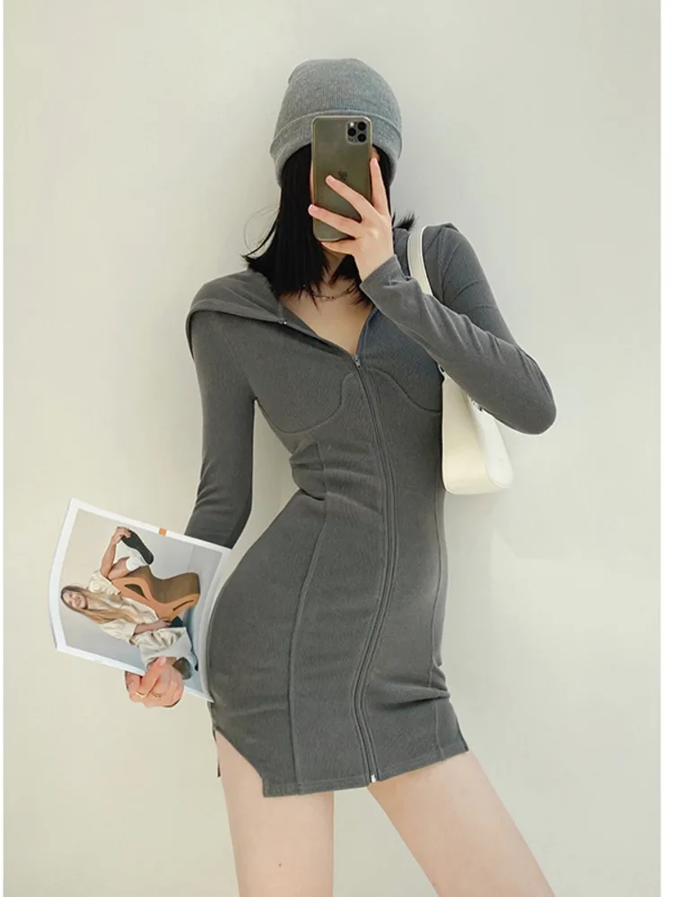 

GGRIGHT Korean Sweet Street Style Tucked High Waist Long Sleeve Hooded Mini Dress Solid Color Tight Fashion Women