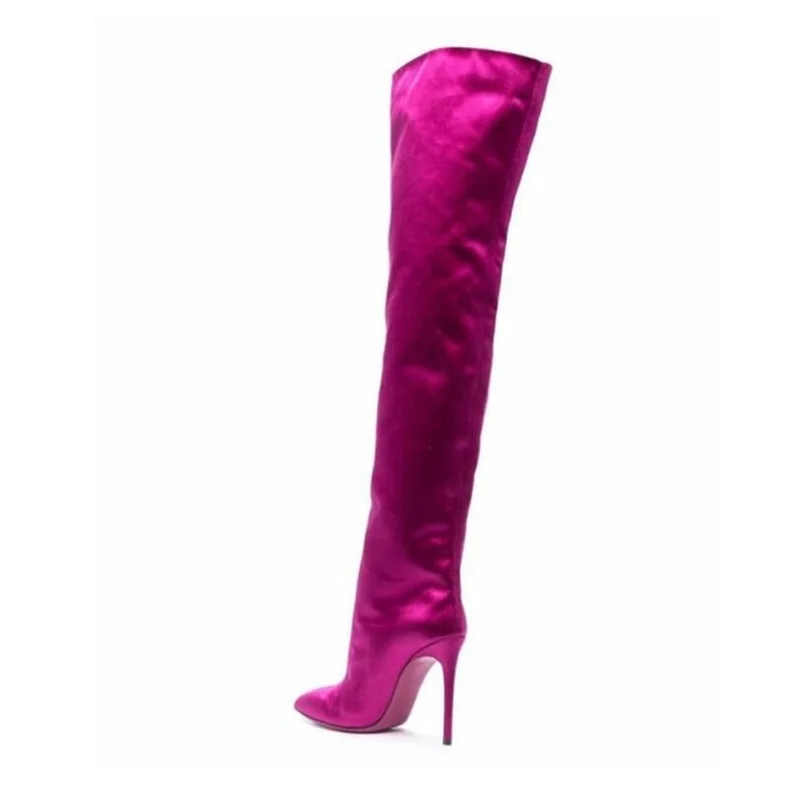 

Fuchsia Satin Pointy Toe Over The Knee Boots Wide Calf Slip On Women Stretch Modern Boots Thin Heels Winter Tall Boots Size 45