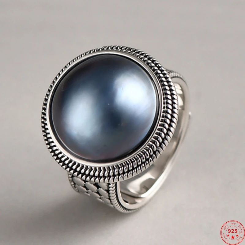 

S925 Sterling Silver Rings for Women Men New Fashion Vintage Totem Round Blue Mabe Pearl Agate Crystal Jewelry Free Shipping