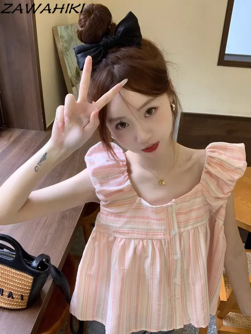 Женские топы, милые полосатые корейские элегантные женские футболки, свободная Офисная Женская одежда с летающим рукавом, женская одежда в стиле пэчворк
Женские топы, милые полосатые корейские элегантные женские футболки, свободная Офисная Женская одежда с летающим рукавом, женская одежда в стиле пэчворк
