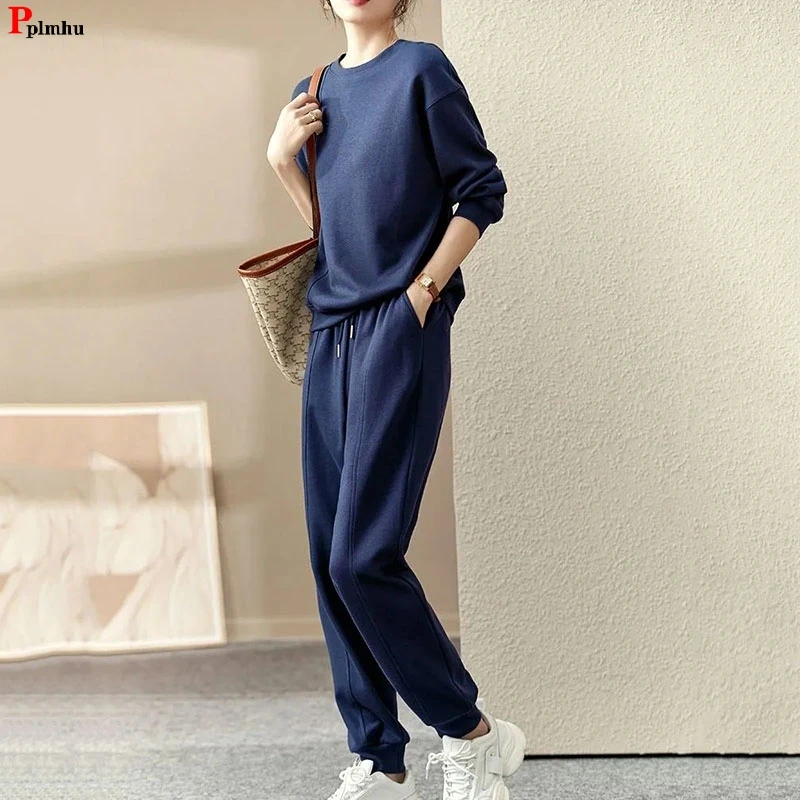 

Jogger 2 Piece Sets Solid Color O-neck Sweatshirt Tracksuit High Wiast Harem Baggy Pant Suits Spring Loose Woman Conjuntos