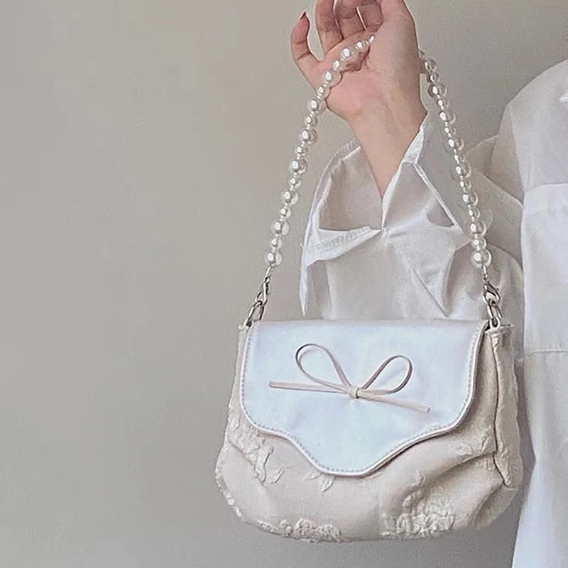 

MBTI Fashion Pearl Handle Bolso Mujer 2023 Elegant Embroidered Floral Beige Hasp Women Handbags Lovely Concise Bow Bag Female