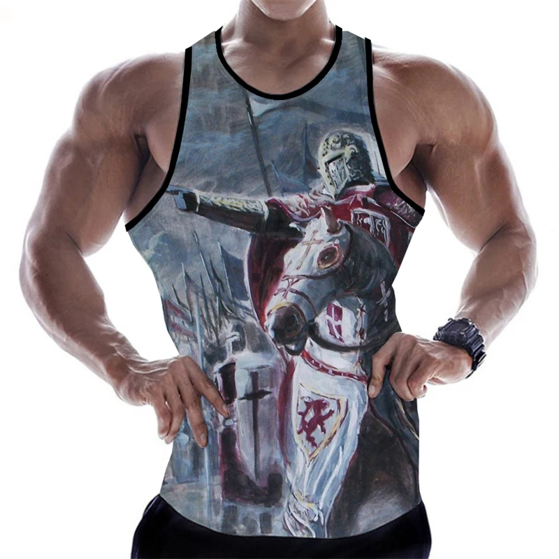 

New Summer 3D Knights Templar Print Tank Top Templar Order Armor Samurai Graphic Vest Kid Fashion Cool Gym Tank Top Men Clothing