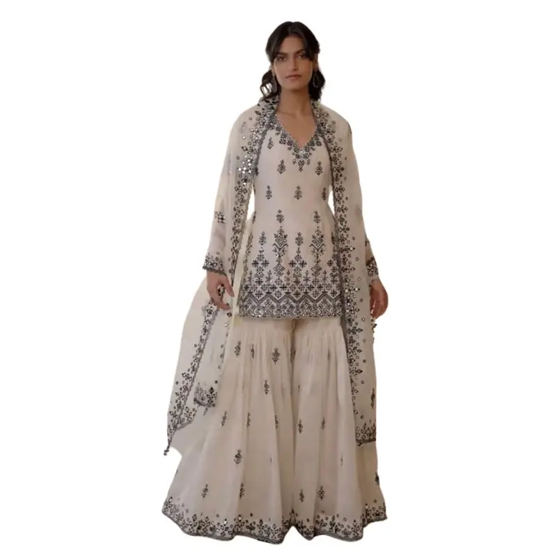 

Beautiful White Sharara Kurta Dupatta Wedding Salwar Kameez Designer Palazo Suit