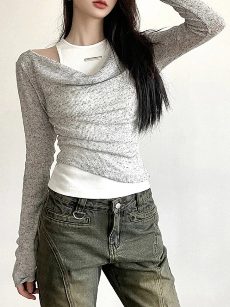 

Two Pieces Set Autumn New Women Solid Fashion Long Sleeve Grunge Crop Top+Y2k Aesthetic Slim Streetwear Vintage Bottoming Tanks