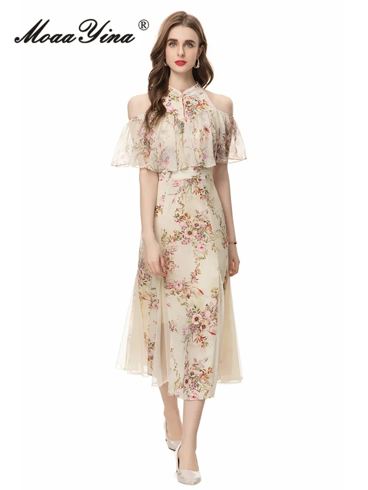 

MoaaYina Autumn Fashion Runway Elegant Dress Women Vintage Chinese Style Floral Print Cloak Sleeves Strapless Mid-Calf Dresses