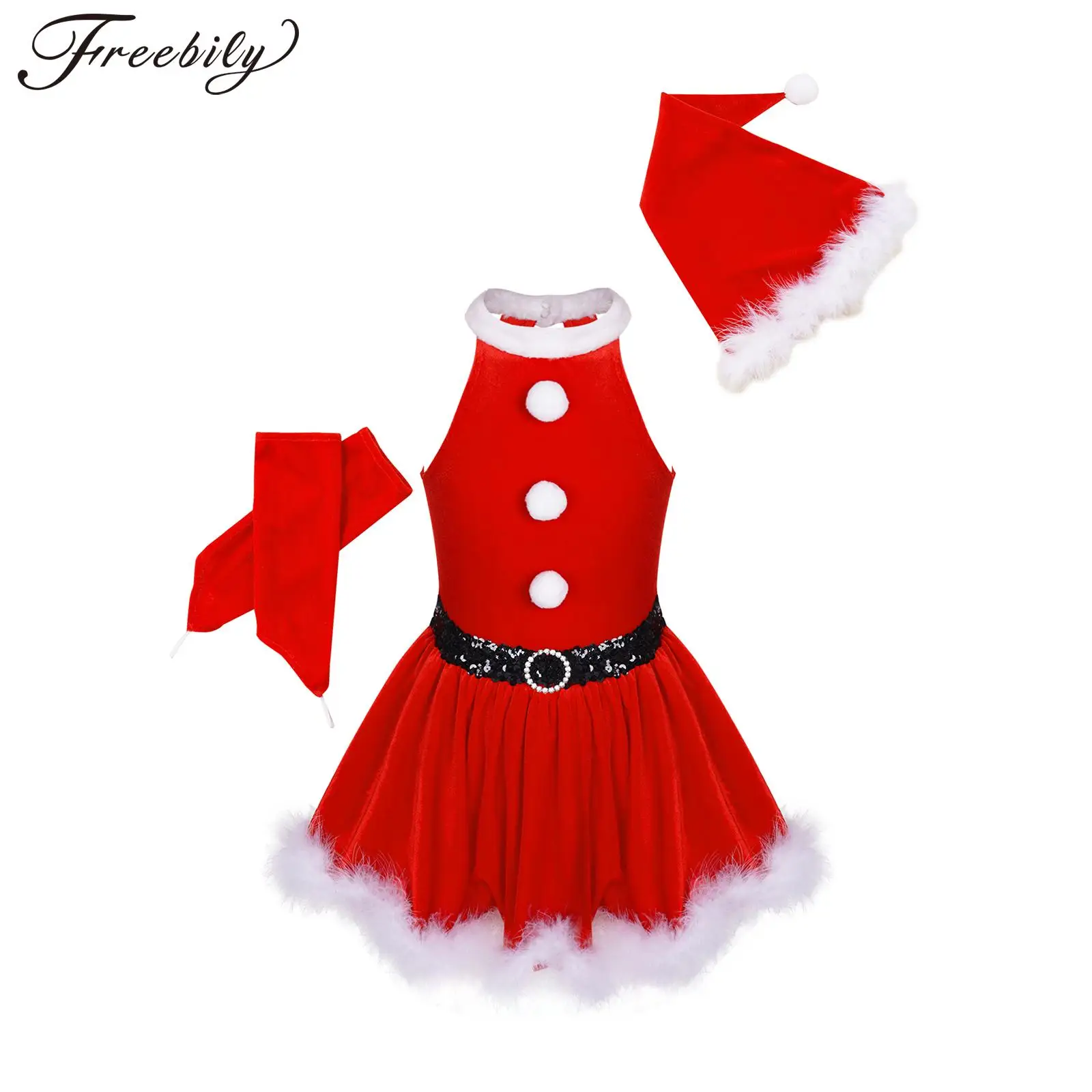 

Kids Girls Christmas Santa Claus Cosplay Costume Ballet Skating Dance Dress with Hat Gloves Xmas New Year Party Stage Show Tutu