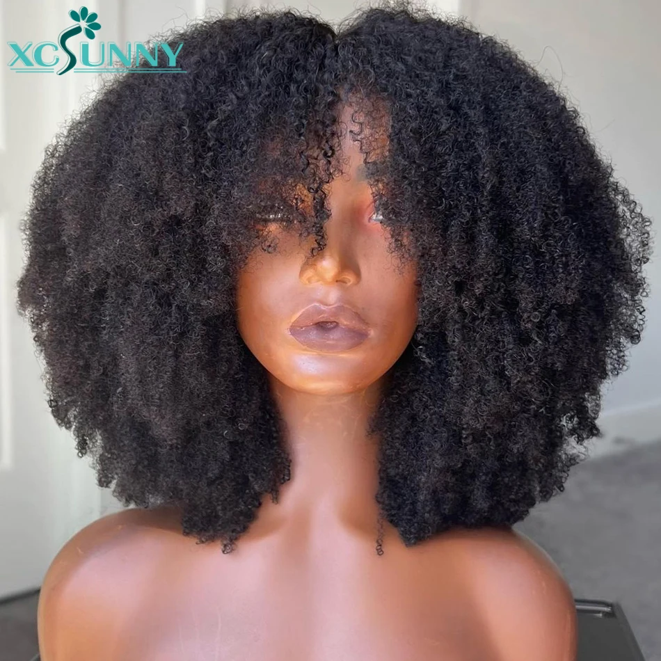 

Afro Kinky Curly Wig Human Hair With Bangs Remy Brazilian Full Machine Made Scalp Top Bang Wig Human Hair For Women Xcsunny