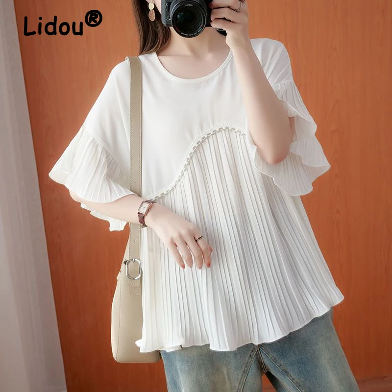 Women Ruffled Lace Patchwork Black White Oversized Blouses Summer Trendy Round Neck Short Sleeve Shirts Simple Casual Tops Ropa
Women Ruffled Lace Patchwork Black White Oversized Blouses Summer Trendy Round Neck Short Sleeve Shirts Simple Casual Tops Ropa