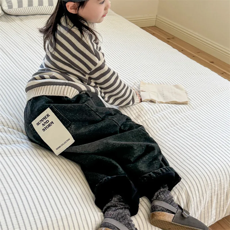 2025 Winter New Children Plus Velvet Thick Jeans Letter Print Girls Trousers Baby Boy Fleece Denim Pants Kids Warm Pants 22 Sa08f0729f40a457c8747e14f24d7dd502