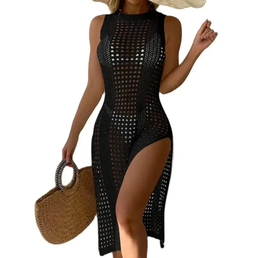

2024 Women Swimsuits Cover Ups Crochet Bathing Suit Hollow Out Bikini Coverup Beach Swimwear Sleeveless Side Split Beach Dresses