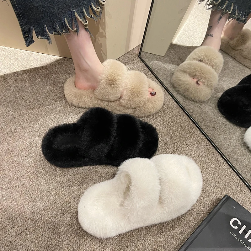 

Flat Shoes Female House Slippers Platform Fur Flip Flops Med Slipers Women Flock Slides Plush Massage 2023 with fur Rubber