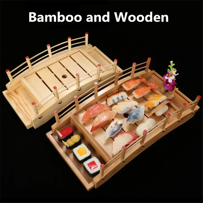 

Japanese wooden bamboo Cuisine Creative Sushi plate tray Bridge Boat Pine Platter Sushi Tableware Decoration kawaii kitchen tool