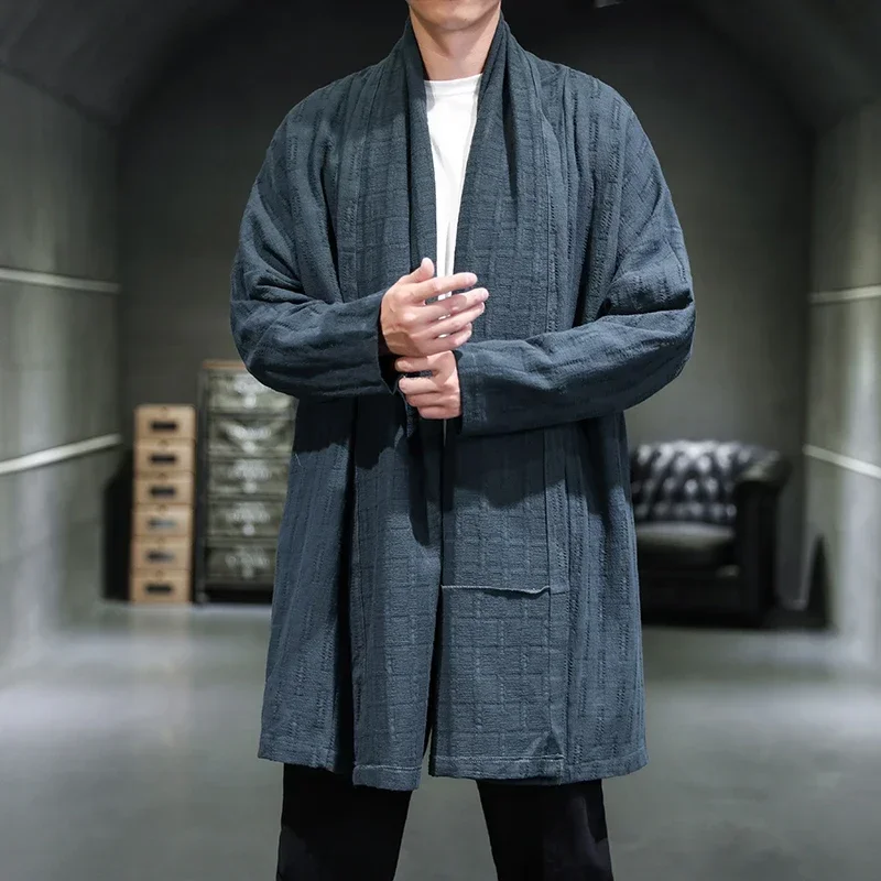 

Autumn and Winter Chinese Style Men's Windbreaker Linen Hanfu Cloak Cardigan Sunscreen Cloak Coat Coat Japanese Kimono