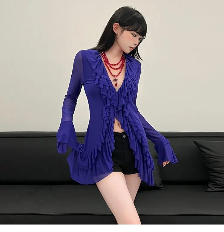 Korean Blouse Women's Clothing V-neck Long Sleeve Tunic Shirts Camisas De Mujer Heavy Ruffles Spring Summer Gauze Blouses Tops Korean Blouse Women's Clothing V-neck Long Sleeve Tunic Shirts Camisas De Mujer Heavy Ruffles Spring Summer Gauze Blouses Tops