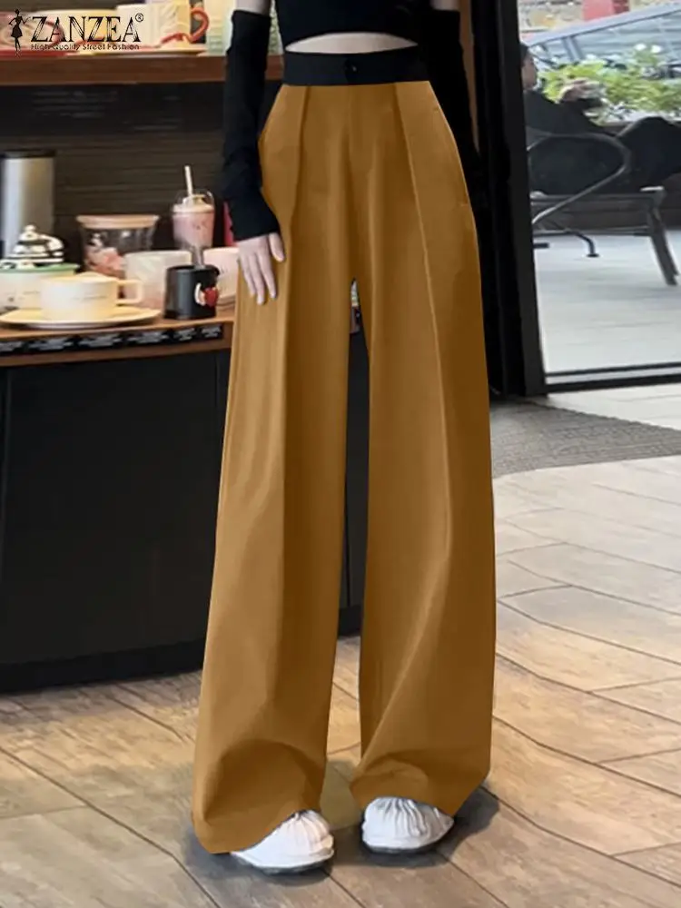 

Брюки ZANZEA женские с завышенной талией, винтажные Длинные свободные штаны с широкими штанинами, повседневные плиссированные брюки в Корейском стиле, уличная одежда с цветными блоками