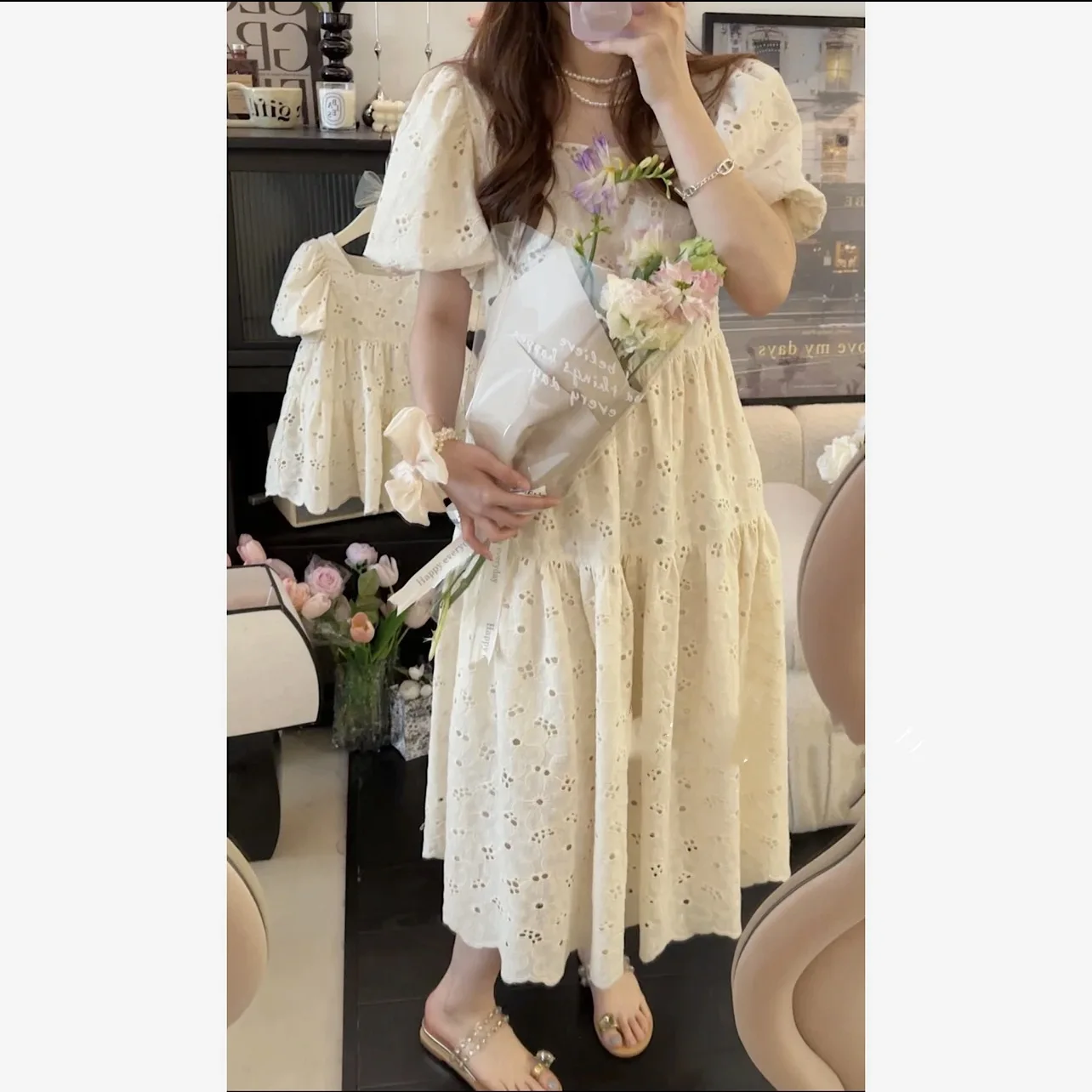 

Mom and Girl Matching Puff Sleeve Beige Dress Embroidery Lace Mama and Baby Boutique Clothes Mother and Daughter Equal Dresses