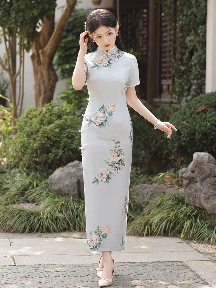 

Chinese Printed Cheongsam Traditional Wedding Qipao Woman Elegant Split Dress Female Floral Cheongsam