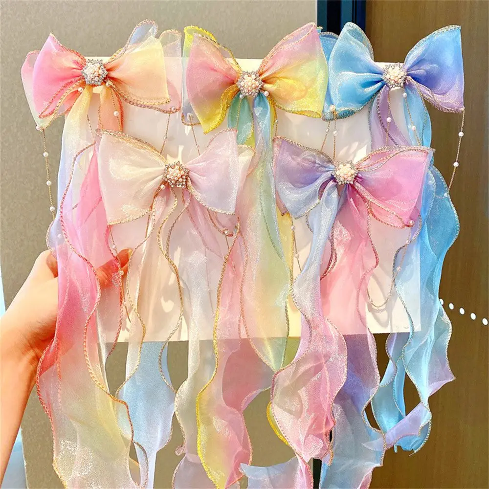 

Rainbow Barrettes Gradient Color Baby Girls Headwear Long Ribbon Hairpin Braided Hairpin Lace Bow Hair Clips Princess Hairpin