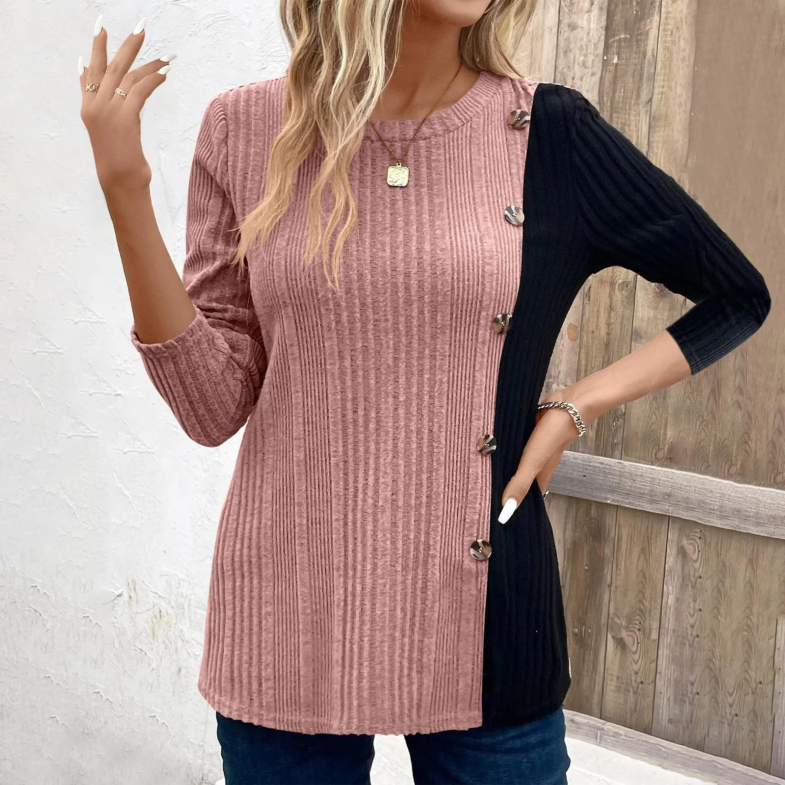 

Women's Tops Autumn Winter Vintage Contrast Color Button Elegant T-shirts Casual O Neck Long Sleeve Loose Tunic pullover