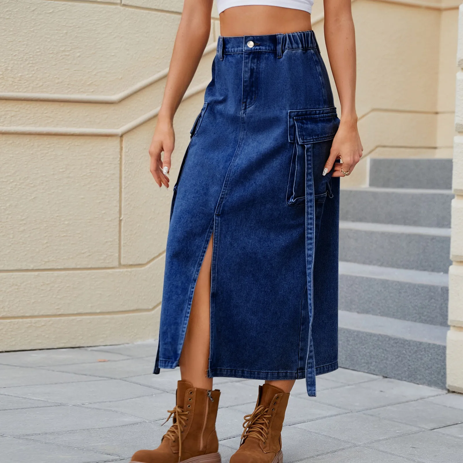 

Chiffon Skirts for Women Women Casual And Trendy Solid Color Washed Denim Semi Elastic Waist Design Ribbon Work Skirt