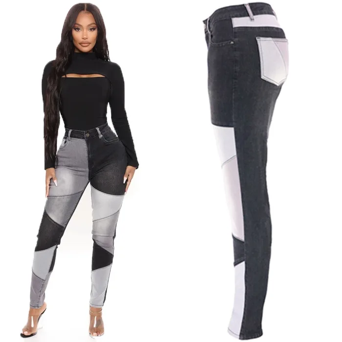 

Women's Jeans Trend Leg Slant Pocket Colorblock Patchwork No Trace Show Figure PU Leather Motorcycle Skinny Pants for Women