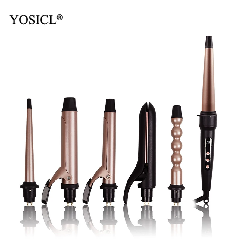 

6-IN-1 Curling Iron, Professional Curling Wand Set, Instant Heat Up Hair Curler with 6 Interchangeable Ceramic Barrels and Glove