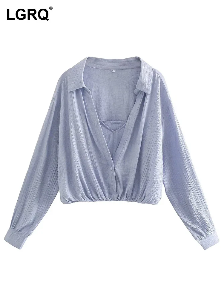 

LGRQ 2023 Fashion Elegant High Quality Loose Long Sleeve Shirts Women's Splicing Design Solid Color Autumn Trendy Blouse 19Z2267