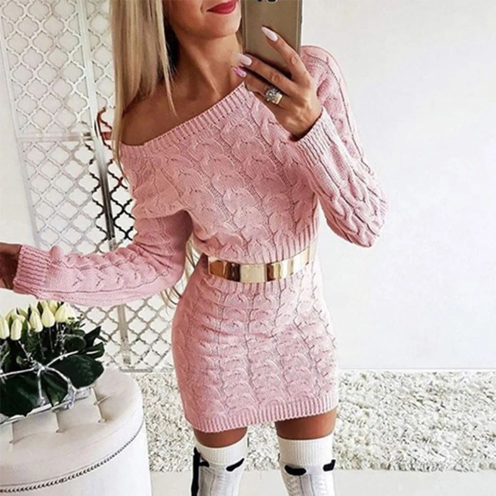 

2023 Autumn And Winter New Fashion Sweater Dress Women's Sexy Off Shoulder Waisted Knitted Dress Solid Colour Twist Knit Dress