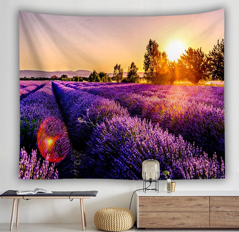 

Serene Field Flower View Tapestry Dreamy Lavender Sunset Sky Nature Landscape Tapestries Wall Hanging Bedroom Living Room Decor