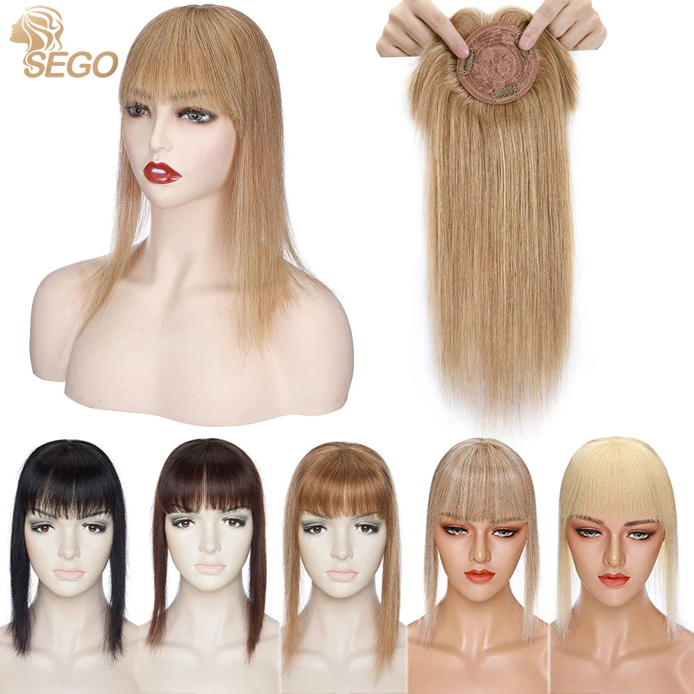 

SEGO 10''-20'' 8.5x8.5cm Small Human Hair Topper Natural Hairpieces with Bangs for Women Toupee Fringe 3 Clips ins