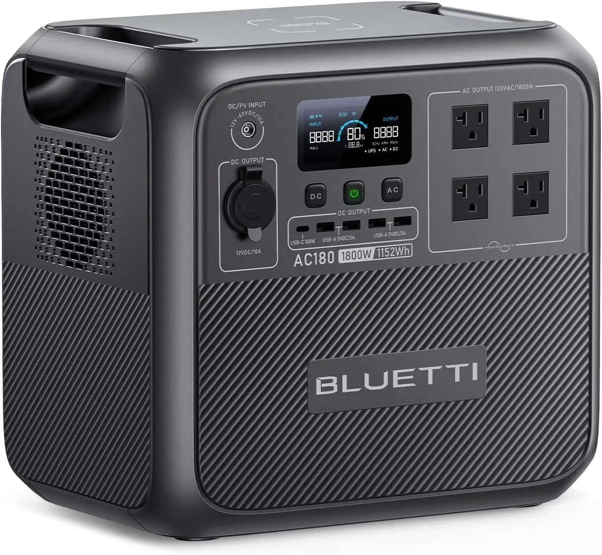 BLUETTI портативная электростанция AC180, 1152Wh LiFePO4 резервная батарея w/ 4 1800W (пик 2700W) розетки переменного тока, 0-80% in 45 мин
BLUETTI портативная электростанция AC180, 1152Wh LiFePO4 резервная батарея w/ 4 1800W (пик 2700W) розетки переменного тока, 0-80% in 45 мин