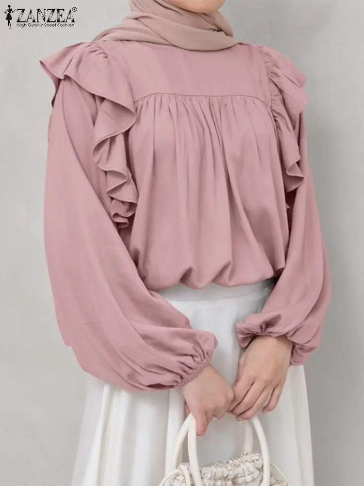 

ZANZEA Woman Fashion Flounce Muslim Blouse Autumn Puff Sleeve O-Neck Tunic Tops Casual Ruffles Chemise Vintage Party Blusas 2023