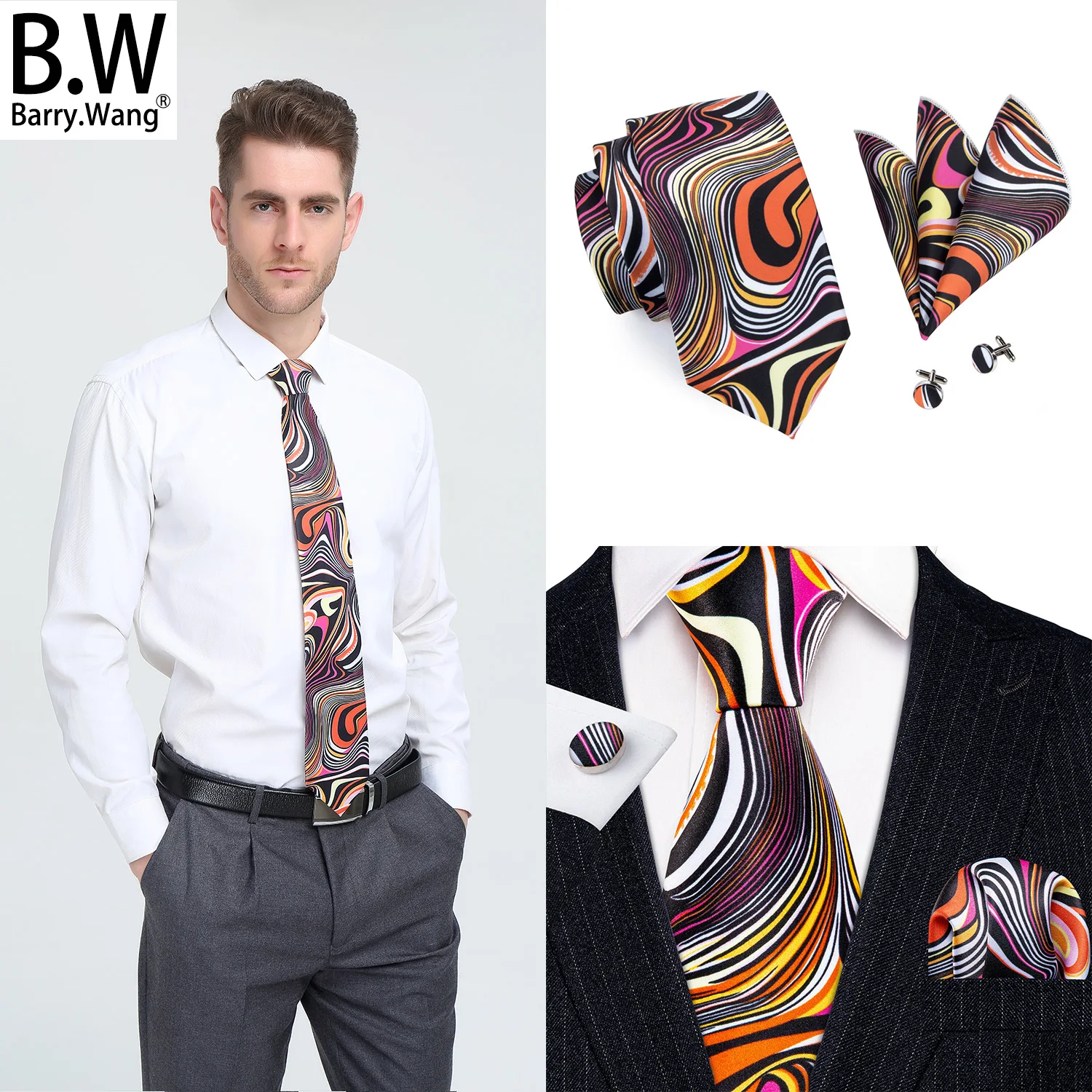 

Barry.Wang Elegant Men Tie Silk Necktie Hanky Cufflinks Set Jacquard Novelty for Male Wedding Party Business Fashion 8.5CM Width