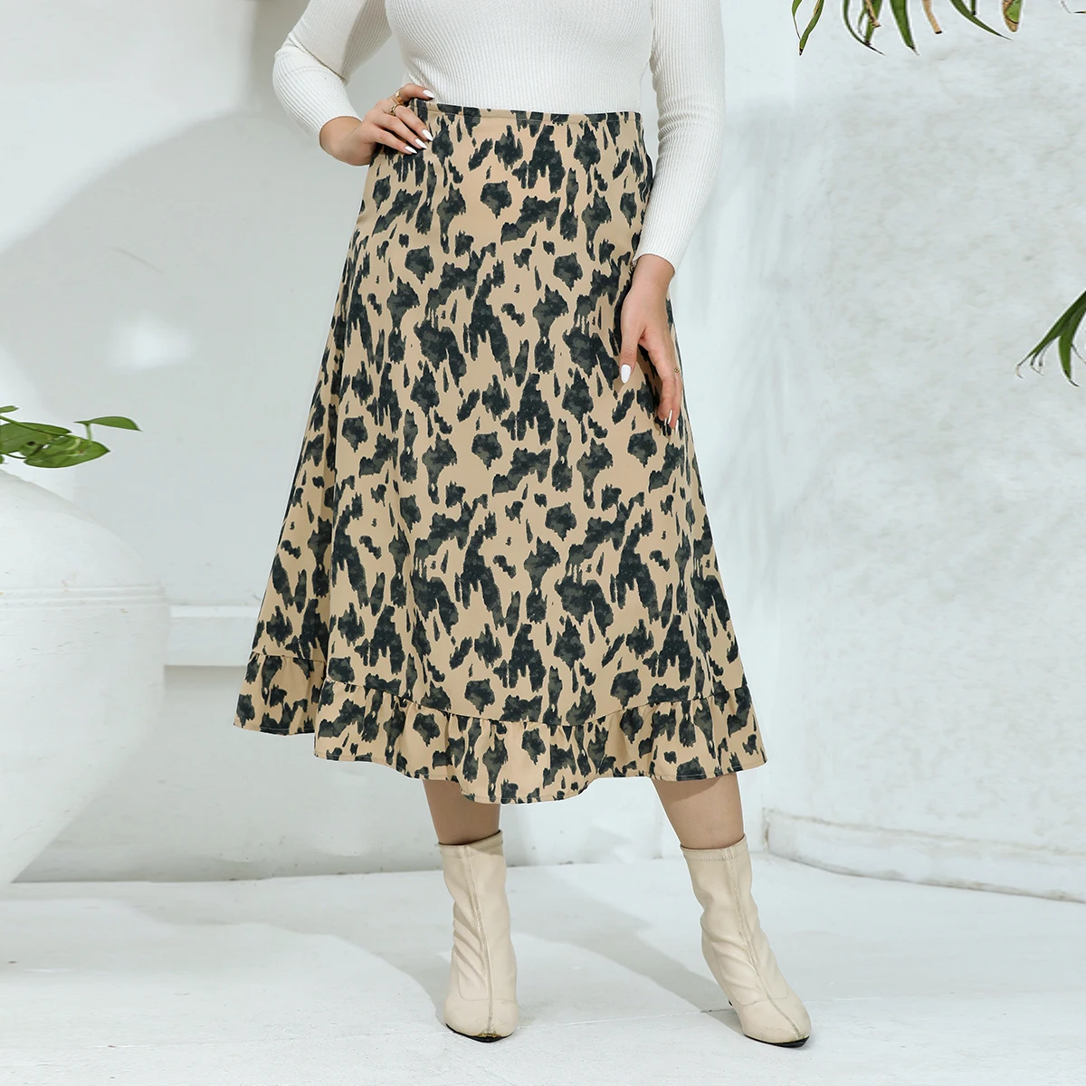 

Plus Size Skirt New Leopard Print Ruffle Skirt Casual Skirt 1XL-5XL Polyester For Spring & Summer Women's Plus Size Clothing