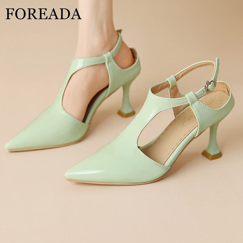 

FOREADA Women Pumps Pointed Toe Thin High Heels Buckle T-Tied Concise Ladies Fashion Career Shoes Summer Black Green Apricot 45