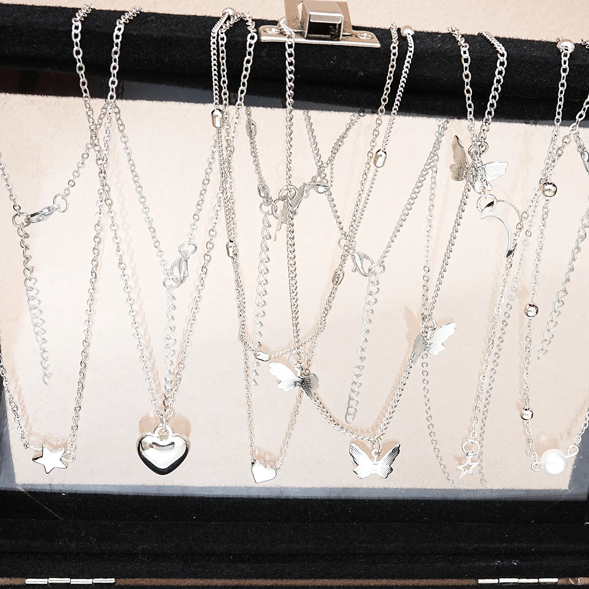 silver butterfly necklace earrings rings set