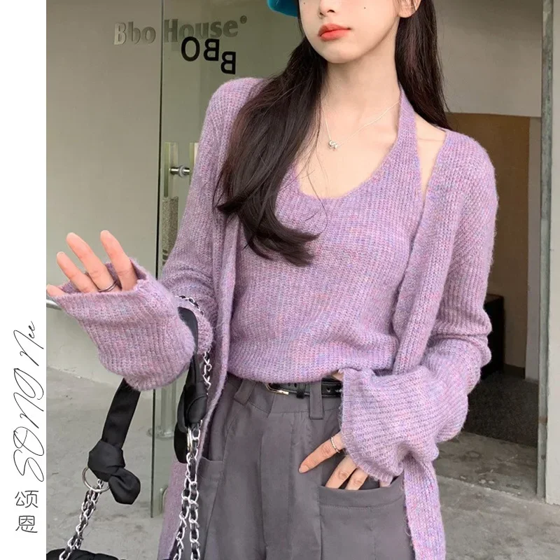 

Korean Two Piece Sets Round Neck Sling Vest Tops Sweaters Full Sleeve Knitted Cardigan Set Solid Splice Simple Autumn Winter