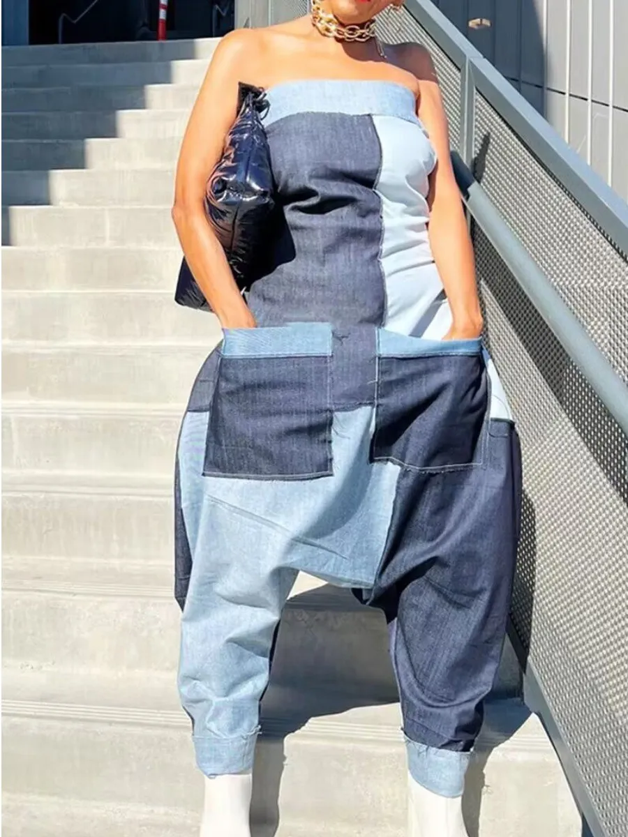 LW Loose One Piece Off The Shoulder Patchwork Harlan Denim Jumpsuit Blue Street Color Contrast Strapless Sleeveless 1PC
LW Loose One Piece Off The Shoulder Patchwork Harlan Denim Jumpsuit Blue Street Color Contrast Strapless Sleeveless 1PC