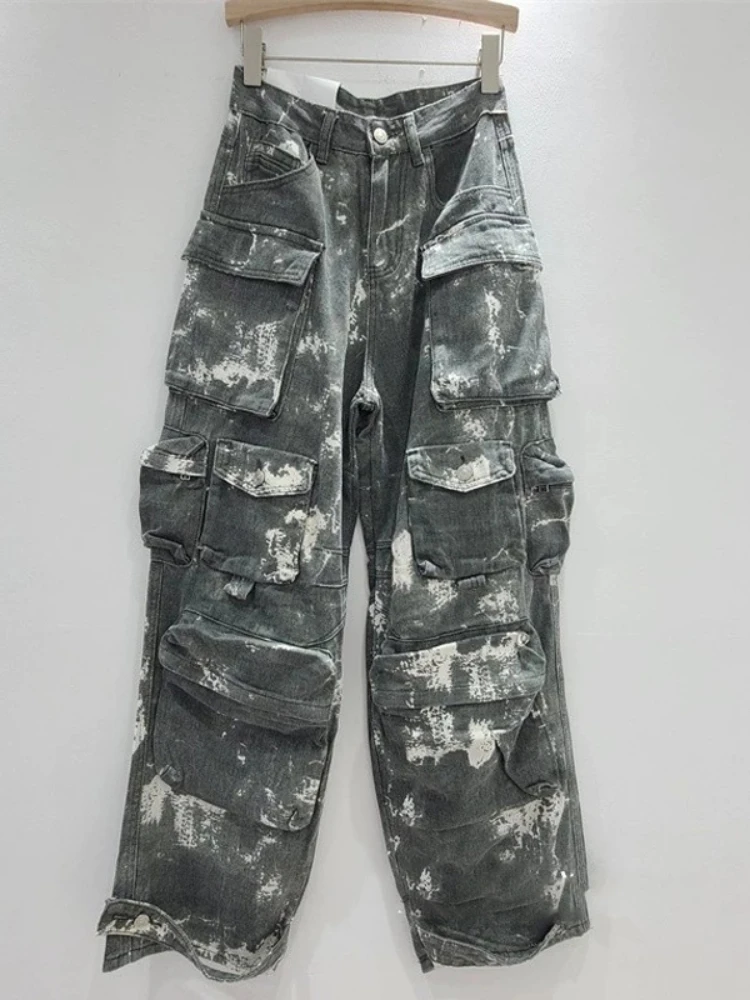 

2024 American Street High Waisted Workwear Pants Women's Camouflage Multi Pocket Washed Gradient Casual Straight Leg Trouser