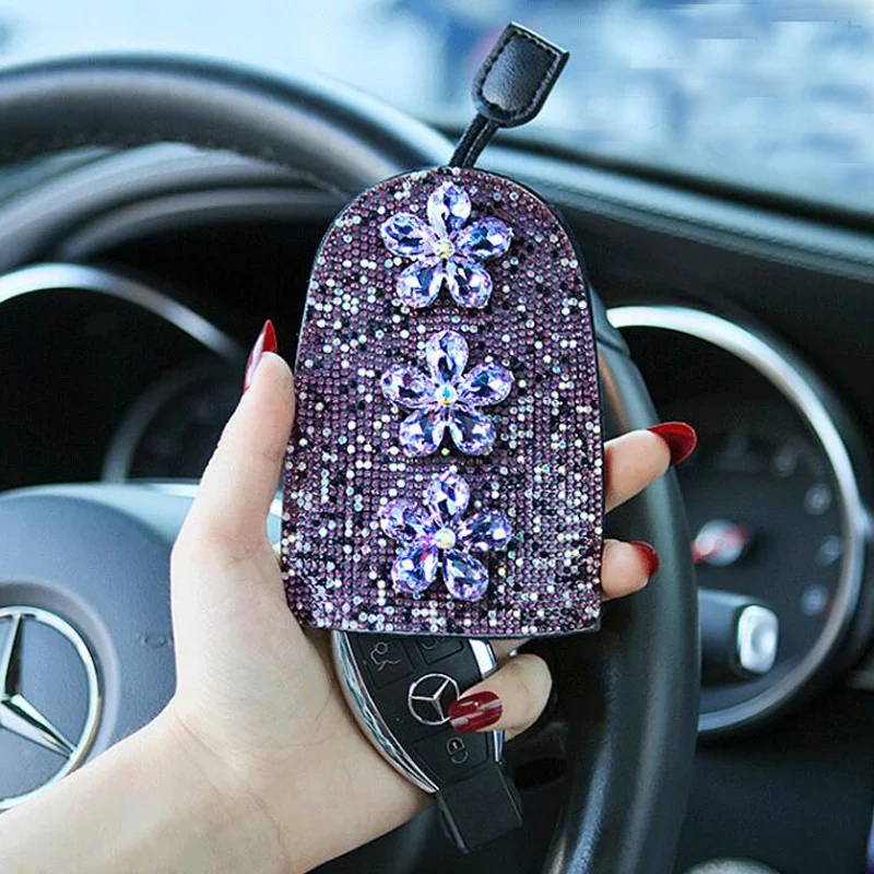 

Women Girls Pull Type Key Bag PU Leather Key Wallets Housekeepers Crystal Diamond Car Key Holder Case New Leather Keychain Pouch