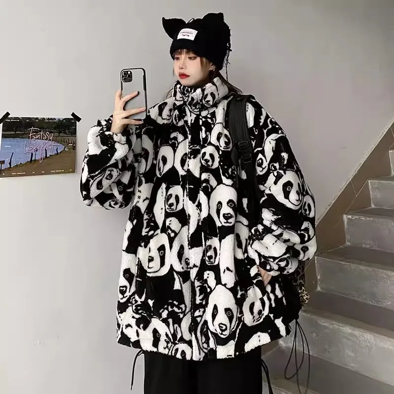 

Men Jacket Coats Y2k Panda pattern New Winter Fleece Streetwear Casual Harajuku Coat Zip Up Woman Outerwear Wear on both sides