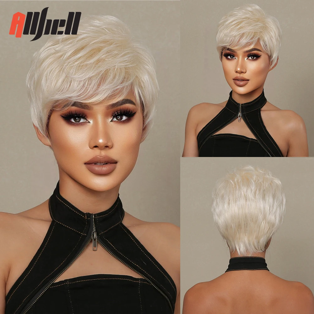 

White Platinum Blend Human Hair Wigs for Women Short Pixie Cut Wig With Bangs Daily Natural Bob Human Hair Mixed Synthetic Fiber