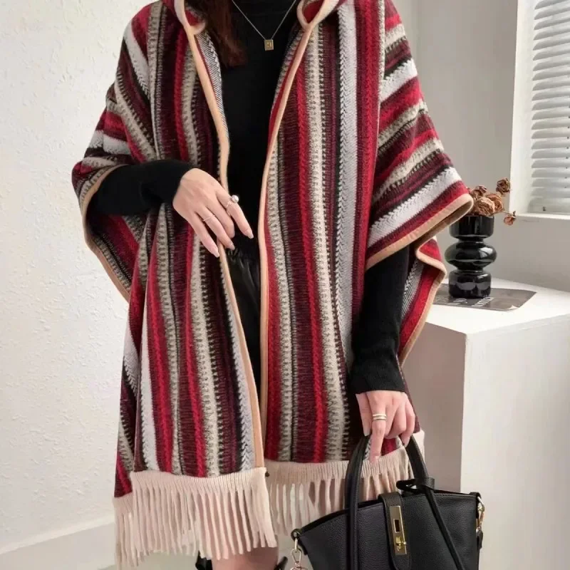 

Autumn Winter Fringed Collar for Women New Style Poncho Coat Knitted Cape Fashionable Cloak Striped Jacket with Tassel T390