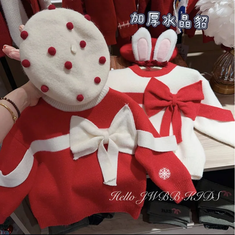 

Children's New Year Sweater Winter New Style Girls' Western Style Big Bow round Neck Sweater Coat