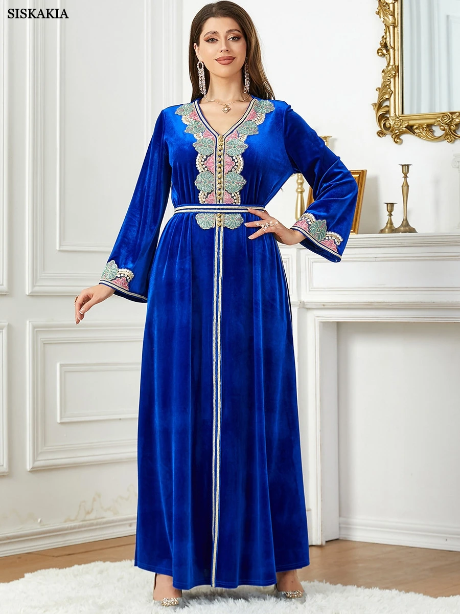 

Siskakia Arab Dubai Luxury Autumn Winter Velvet Appliques Abaya For Women Jalabiyat Moroccan Saudi Gulf Dress Muslim Belted Gown