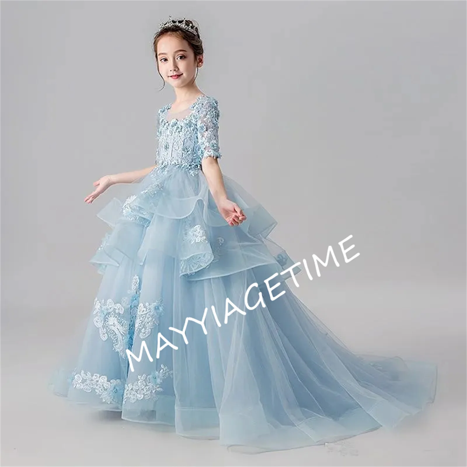 

Bow Flower Girl Dresses Fluffy Sequin Wedding Party Dress Tiered Puffy Tulle Girl Princess Communion Birthday Celebrat